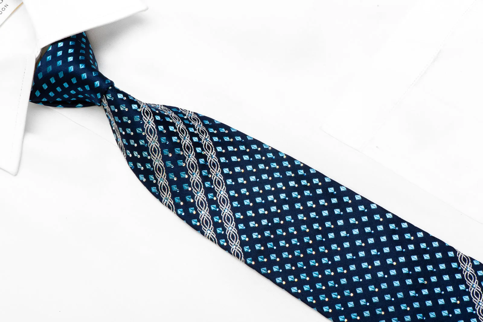 Renoma Rhinestone Silk Necktie Silver Stripes Blue Geometric on Navy With Sparkles