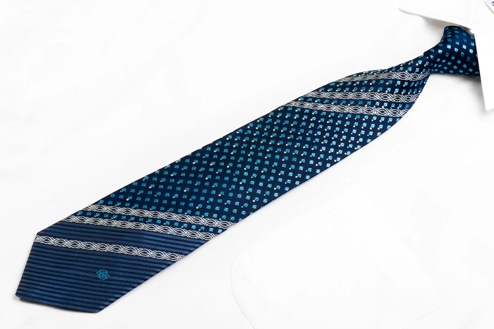 Renoma Rhinestone Silk Necktie Silver Stripes Blue Geometric on Navy With Sparkles