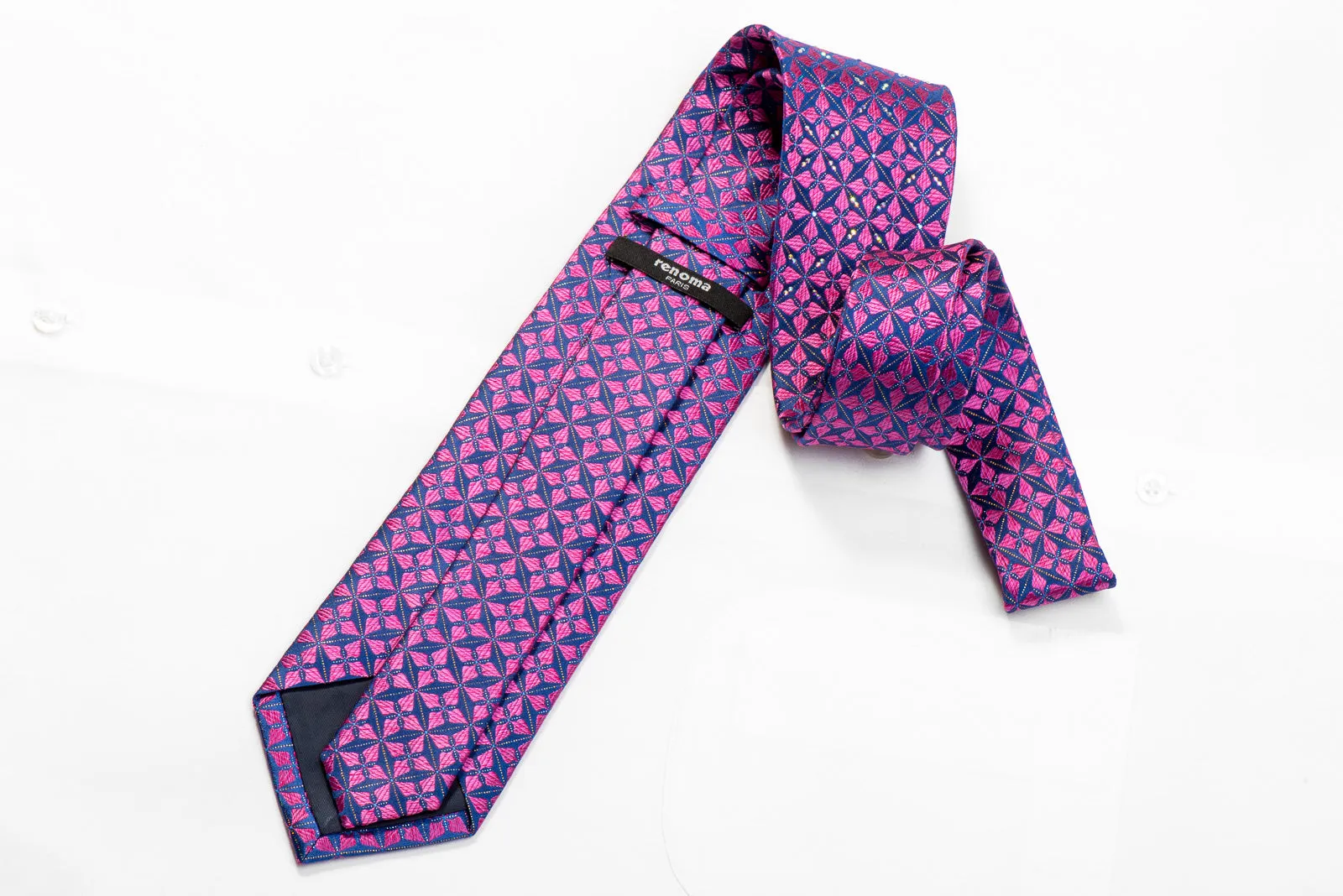 Renoma Rhinestone Tie Purple Geometric On Blue With Silver Sparkles