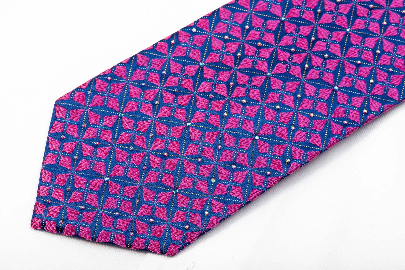 Renoma Rhinestone Tie Purple Geometric On Blue With Silver Sparkles