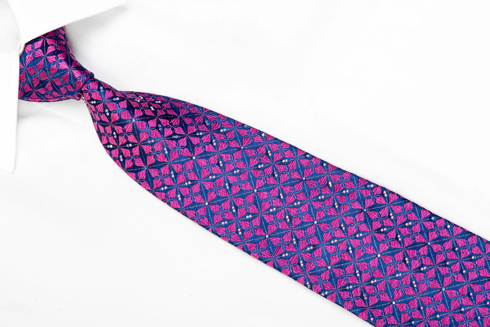 Renoma Rhinestone Tie Purple Geometric On Blue With Silver Sparkles