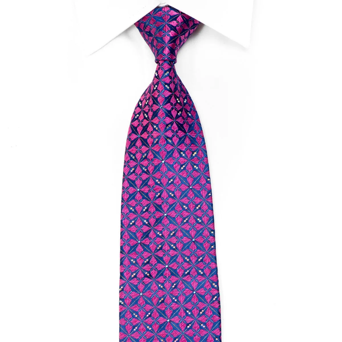 Renoma Rhinestone Tie Purple Geometric On Blue With Silver Sparkles