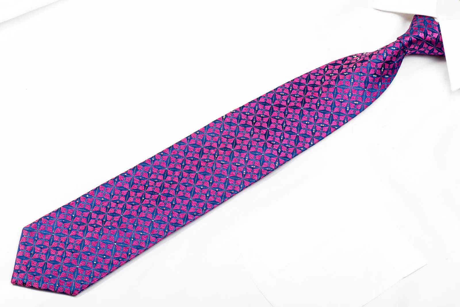 Renoma Rhinestone Tie Purple Geometric On Blue With Silver Sparkles