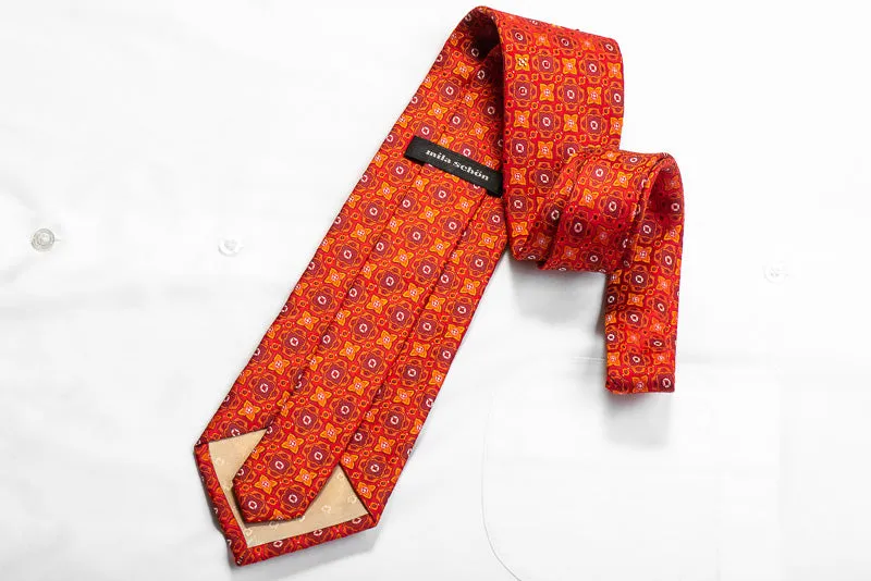 Rhinestone Silk Necktie Orange Burgundy Foulard On Red With Sparkles