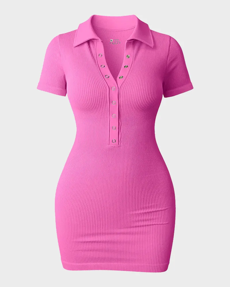 Ribbed Short Sleeve Button-Up Fitted Mini Dress