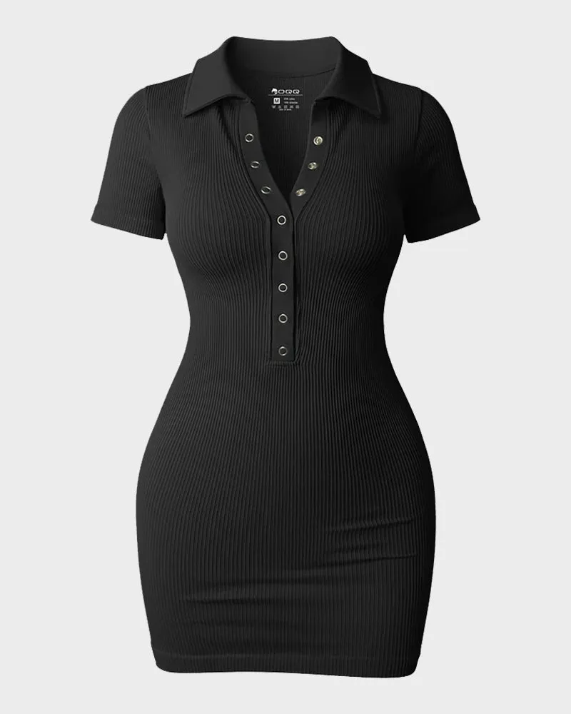 Ribbed Short Sleeve Button-Up Fitted Mini Dress