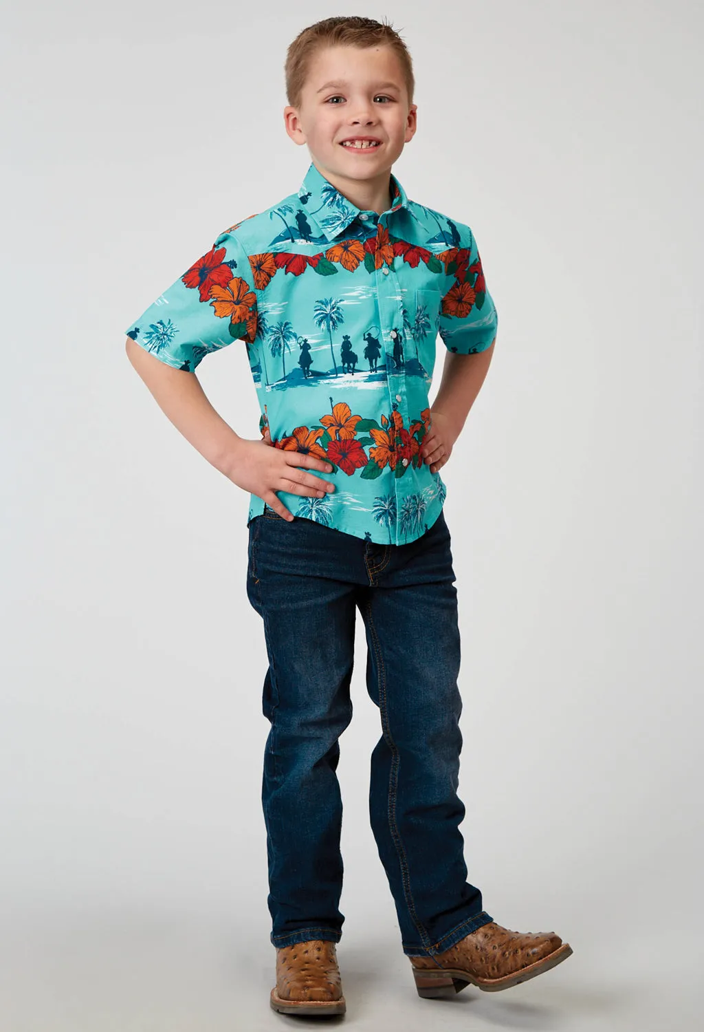 Roper Kids Boys 1900 Hawaiian Blue 100% Cotton S/S Shirt