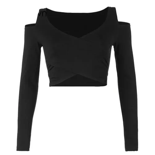 Sexy Long Sleeve Crop Top Black Elegant Harajuku Long Sleeve