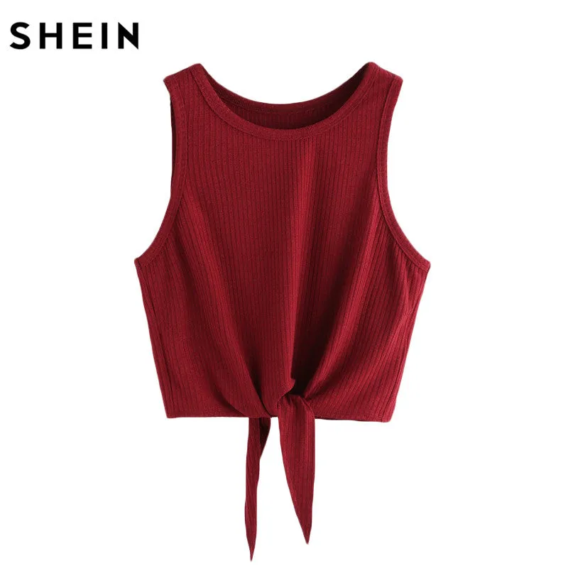 SHEIN Summer Style Tank Top for Ladies Woman Casual Tops Plain Round Neck Sleeveless Tie Front Ribbed Crop Tank Top