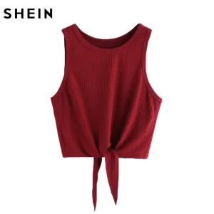 SHEIN Summer Style Tank Top for Ladies Woman Casual Tops Plain Round Neck Sleeveless Tie Front Ribbed Crop Tank Top