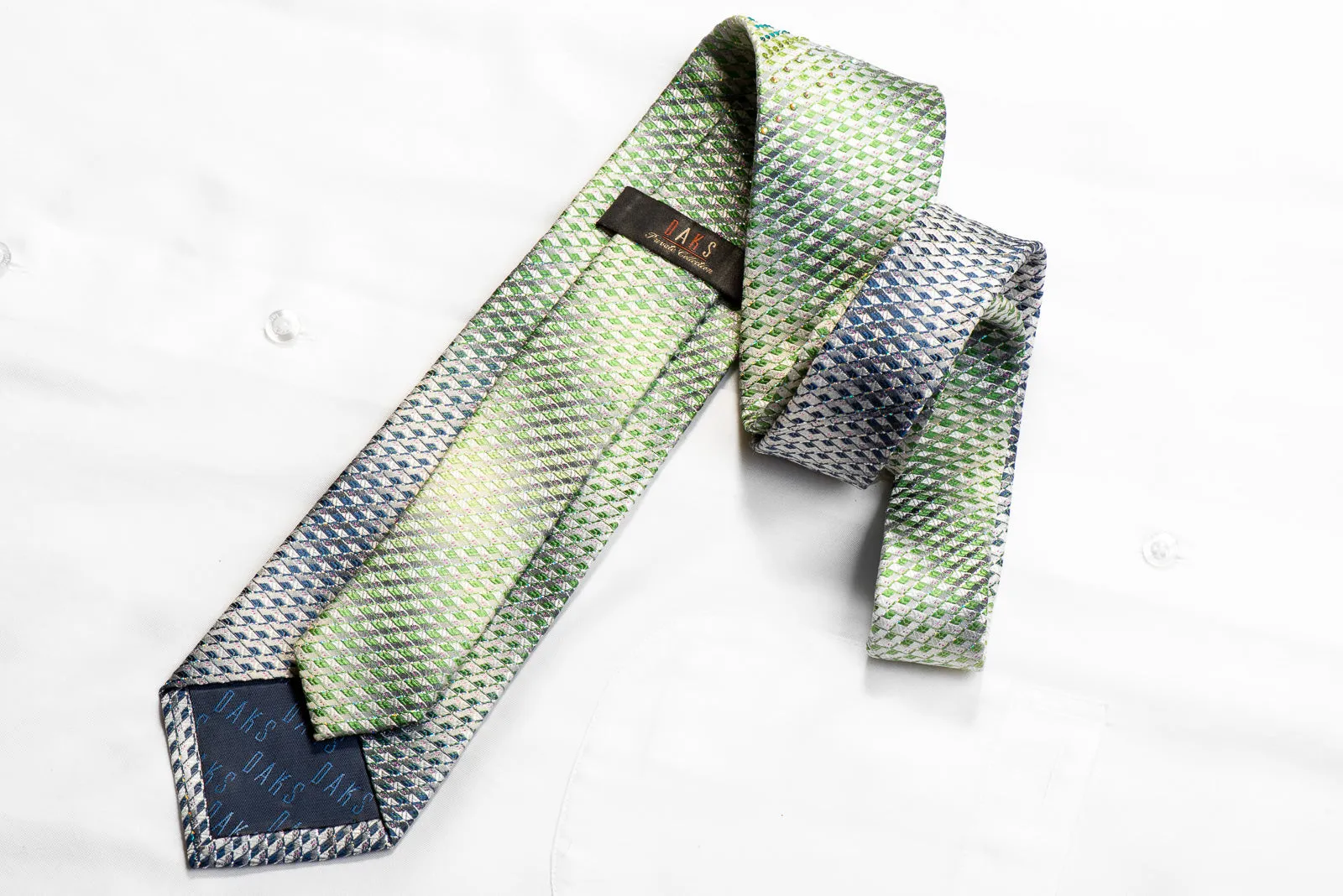 Silver Green Geometric With Sparkles Rhinestone Silk Necktie