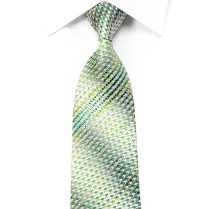 Silver Green Geometric With Sparkles Rhinestone Silk Necktie