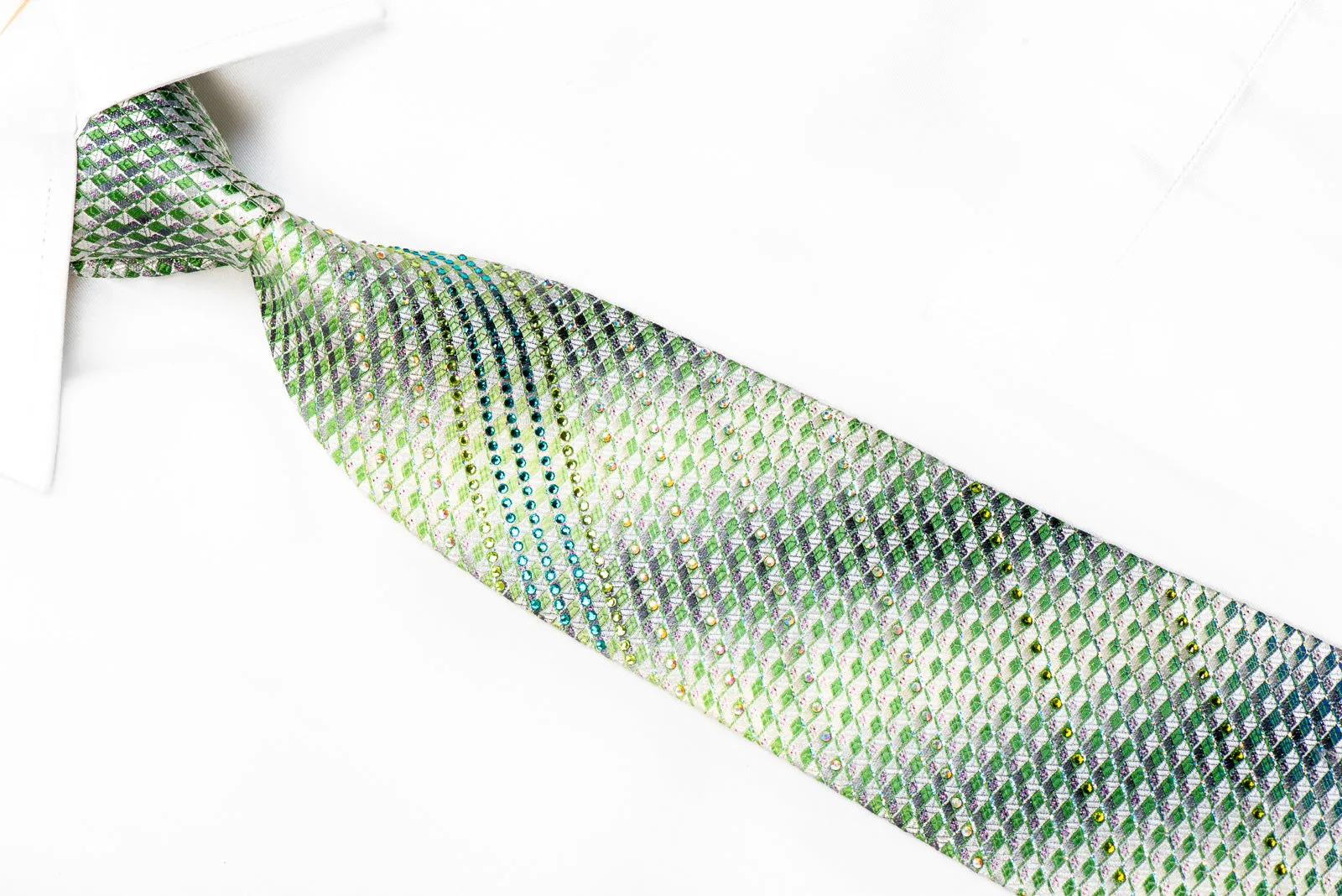 Silver Green Geometric With Sparkles Rhinestone Silk Necktie