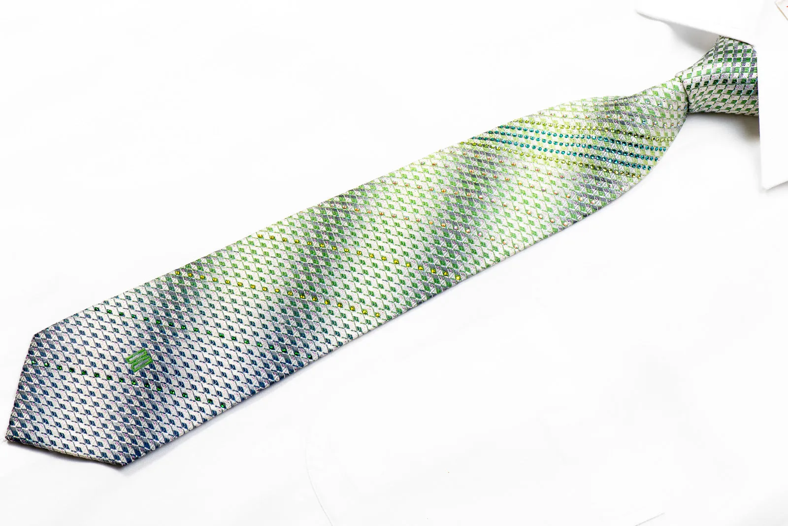 Silver Green Geometric With Sparkles Rhinestone Silk Necktie