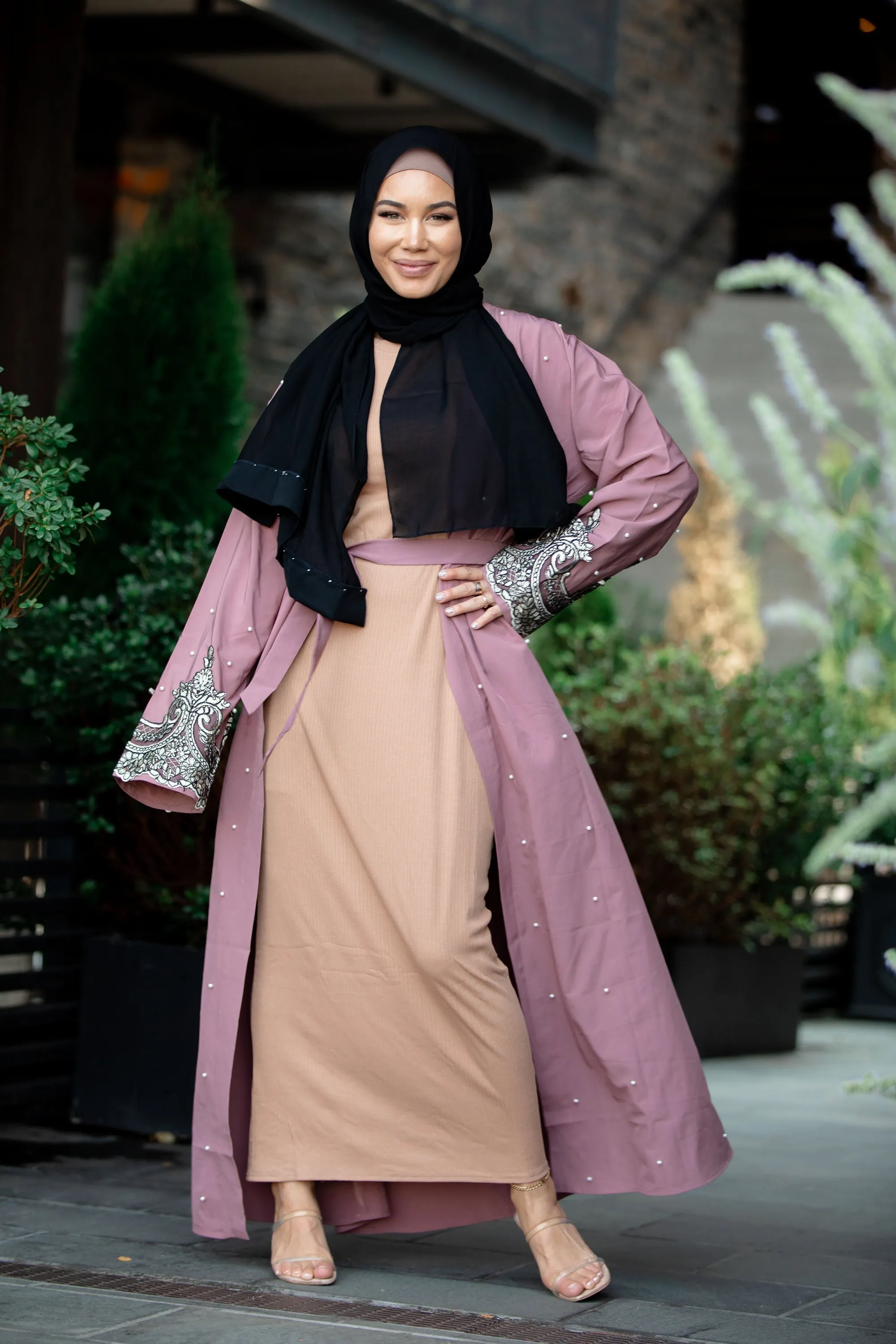 Silver Lace Mauve Open Front Abaya