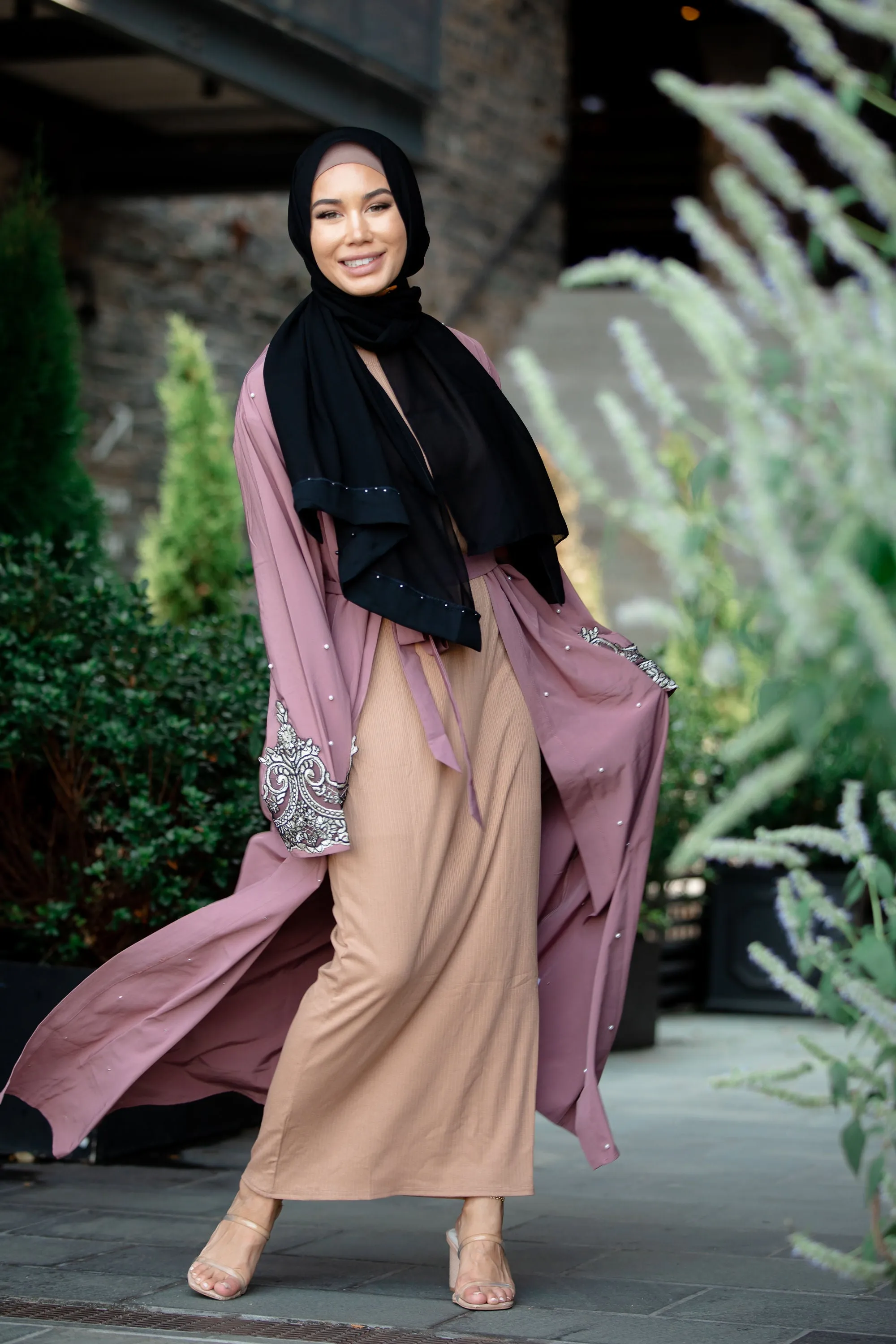 Silver Lace Mauve Open Front Abaya