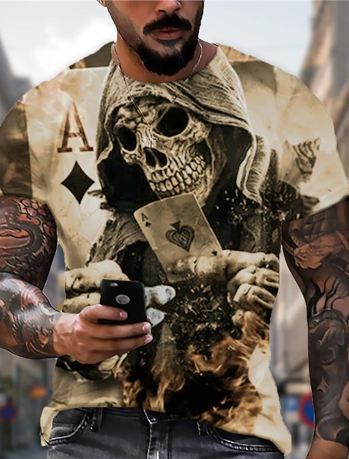 Skull Casual Mens 3D Shirt For Halloween | Pink Summer Cotton | Men'S Unisex Tee Graphic Prints Poker Crew Neck Red Brown Gray 3D Outdoor Street Short Sleeve