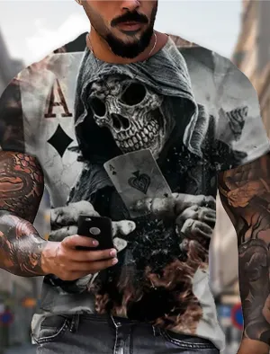 Skull Casual Mens 3D Shirt For Halloween | Pink Summer Cotton | Men'S Unisex Tee Graphic Prints Poker Crew Neck Red Brown Gray 3D Outdoor Street Short Sleeve