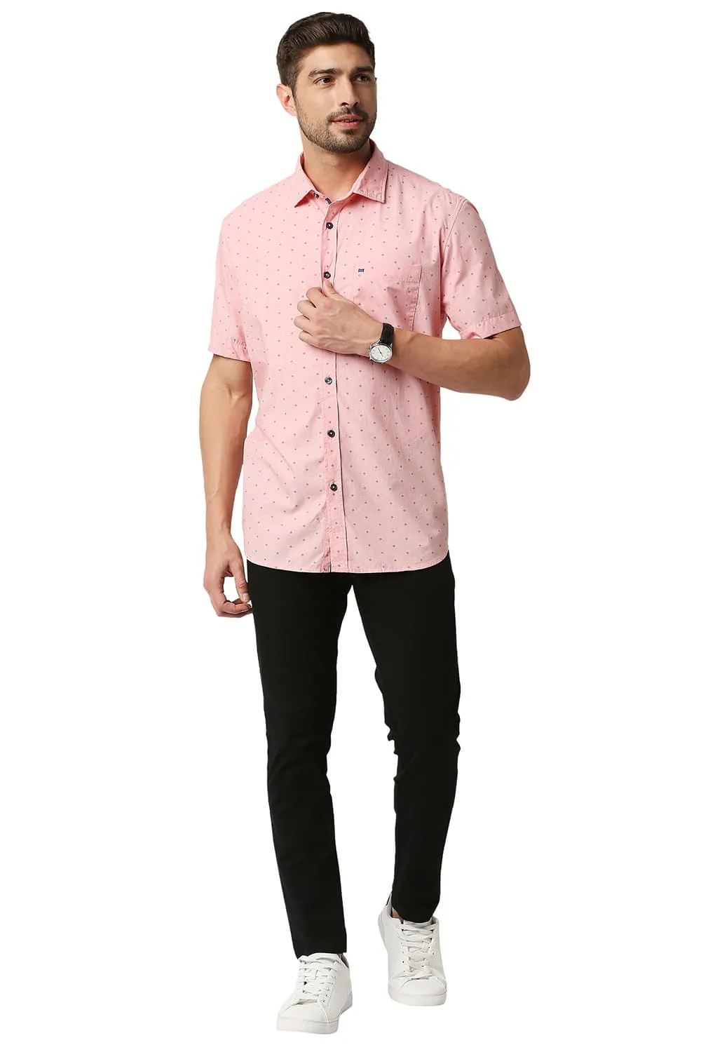 Slim Fit Fil-a-fil Printed Halfsleeves Shirt