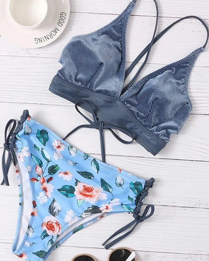 Solid Strap Tanks With Floral Print High Waist Pnaties Bikini Sets