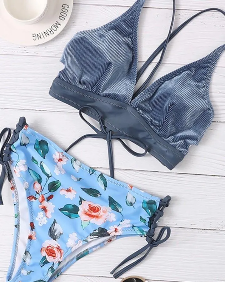 Solid Strap Tanks With Floral Print High Waist Pnaties Bikini Sets