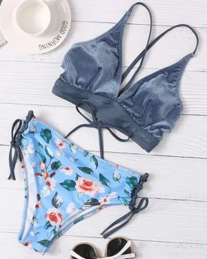 Solid Strap Tanks With Floral Print High Waist Pnaties Bikini Sets