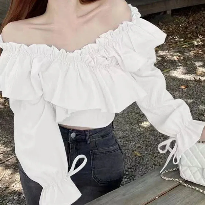 Spring Elegant Sweet Slim Ruffled Short Top Blouse