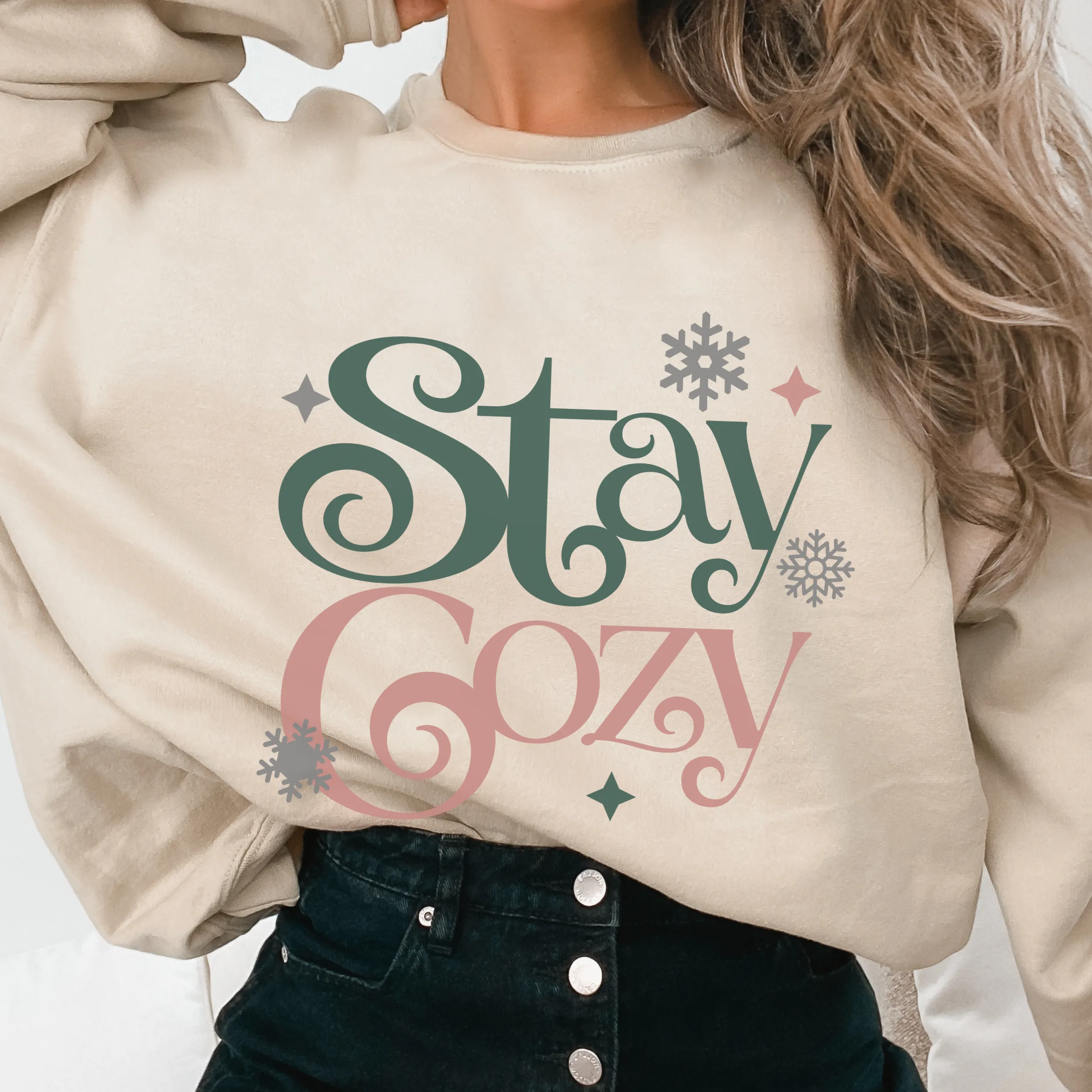 Stay Cozy Winter Women's Sweatshirt, Comfy & Cozy, Gildan Sweatshirt, Ash, White, Sand, Pink or Black Crewneck Sweatshirt