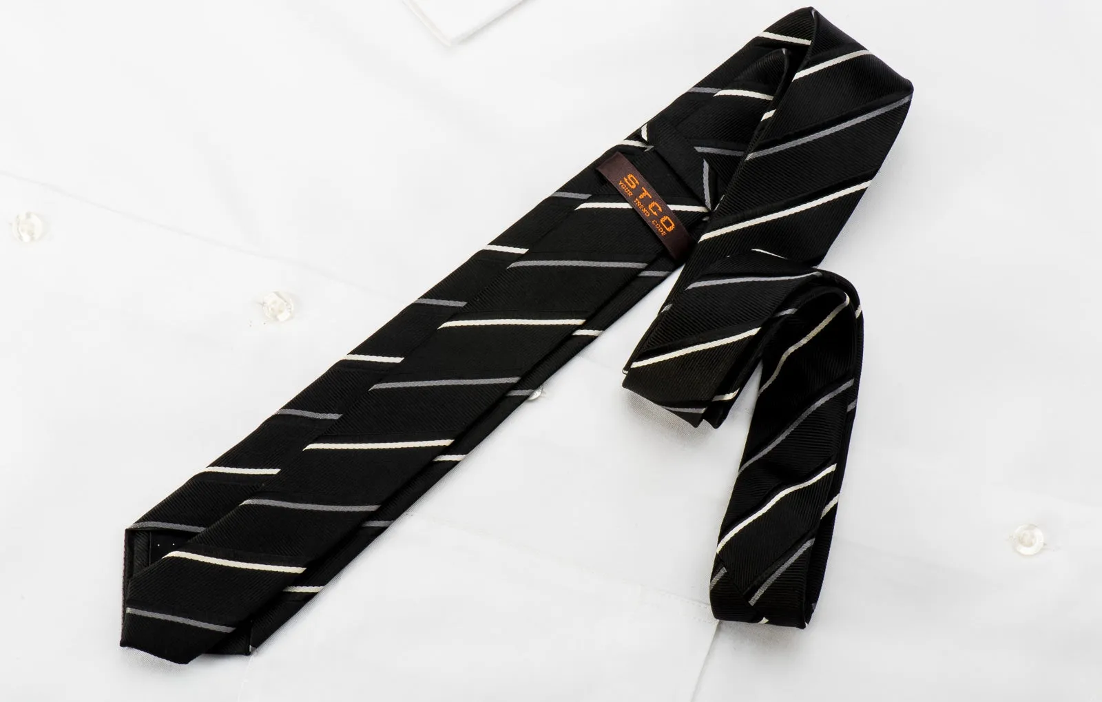 STCO Men's Skinny Silk Tie Silver Striped On Black