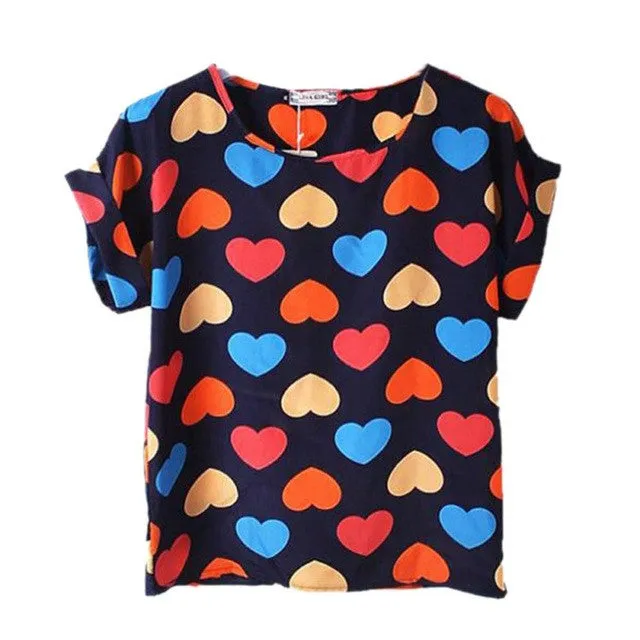 Summer Fashion O Neck Bird Printed Women Tops Colorful Short Sleeve Female T-Shirts Batwing Loose Chiffon Shirt Feminino