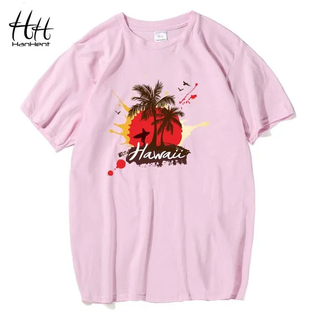 T-Shirts Hanhent Hawaii Coconut Trees Man Summer Short Sleeve Cotton New