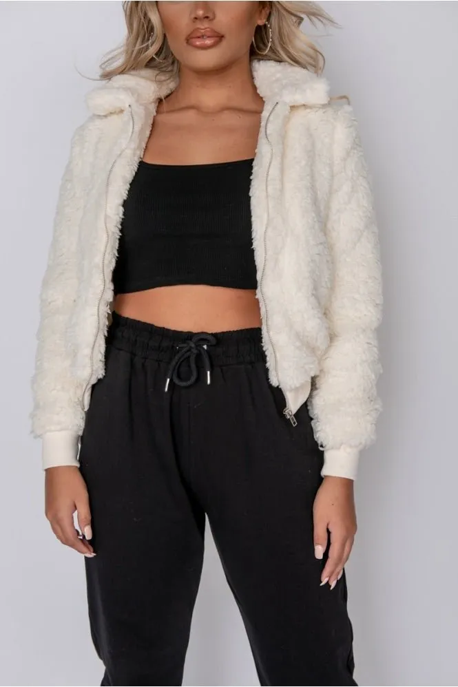 Teddy Fur Cream Bomber Jacket