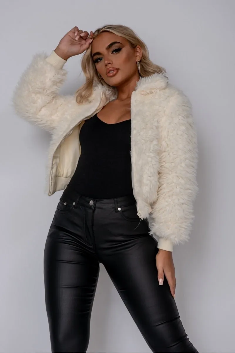 Teddy Fur Cream Bomber Jacket