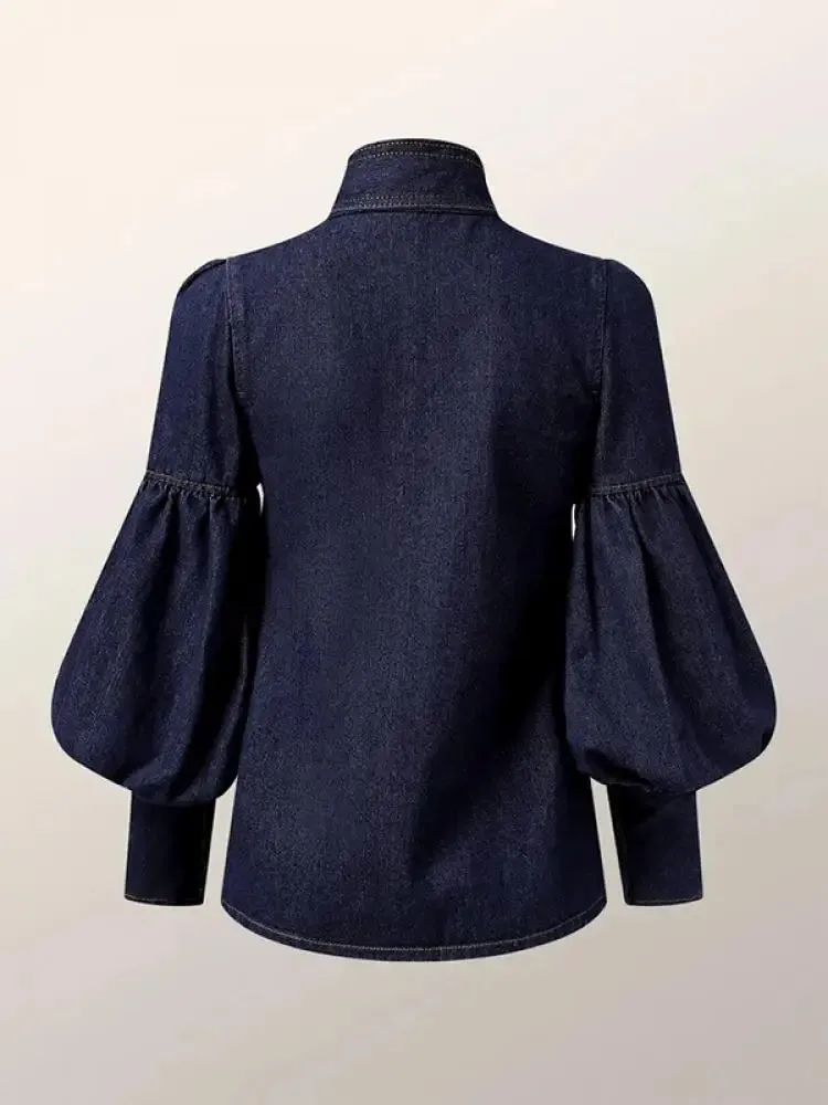 TEEK - Deep Blue Puff Sleeves Bow Blouses