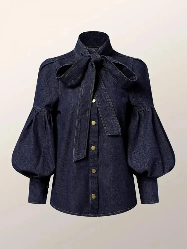 TEEK - Deep Blue Puff Sleeves Bow Blouses