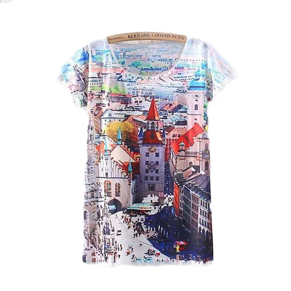 Town Scenery Printed Short Sleeve Tees