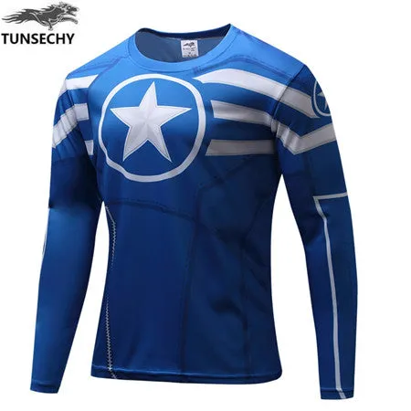 TUNSECHY NEW Marvel Super Heroes Avenger Batman T shirt Men Compression Armour Base Layer Long Sleeve Thermal Under Top Fitness