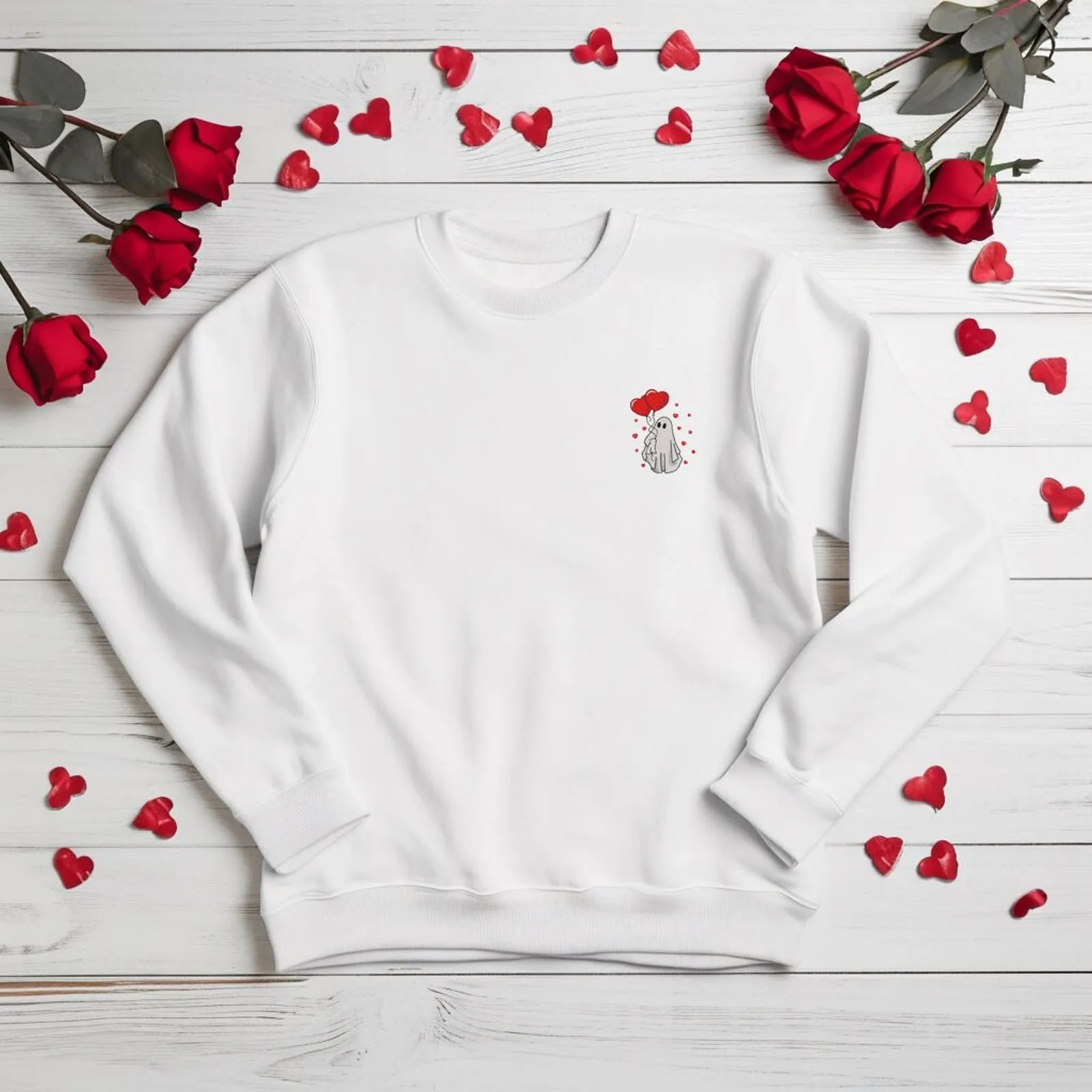 Valentine Embroidery Ghost Heart Sweatshirt, Cute Valentine Sweatshirts, Valentine Sweatshirts Hoodie, Fun Sweatshirt, Valentine Gift Shirt