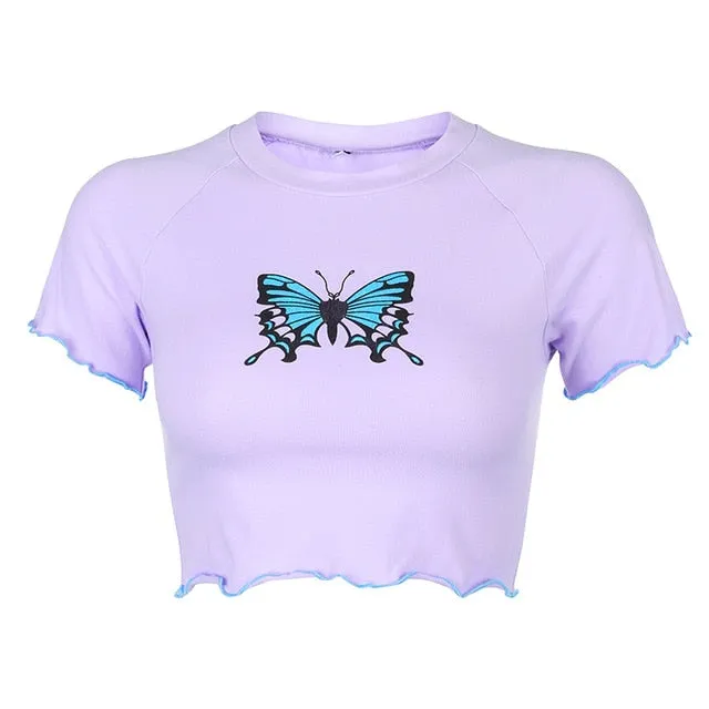 White Basic Summer Autumn Tshirt Women Cute Butterfly Cartoon Graphic T Shirts Long Sleeve Knitted Cotton Top Tees