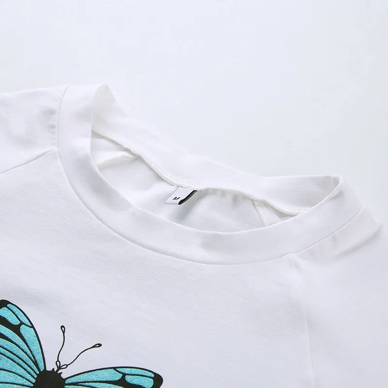 White Basic Summer Autumn Tshirt Women Cute Butterfly Cartoon Graphic T Shirts Long Sleeve Knitted Cotton Top Tees