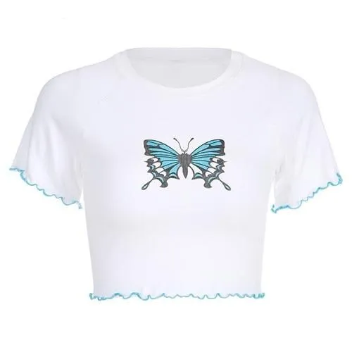 White Basic Summer Autumn Tshirt Women Cute Butterfly Cartoon Graphic T Shirts Long Sleeve Knitted Cotton Top Tees