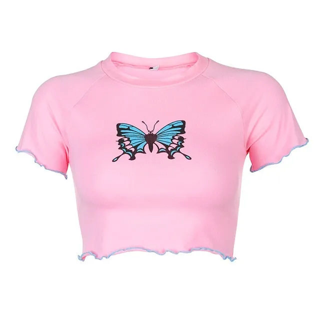 White Basic Summer Autumn Tshirt Women Cute Butterfly Cartoon Graphic T Shirts Long Sleeve Knitted Cotton Top Tees