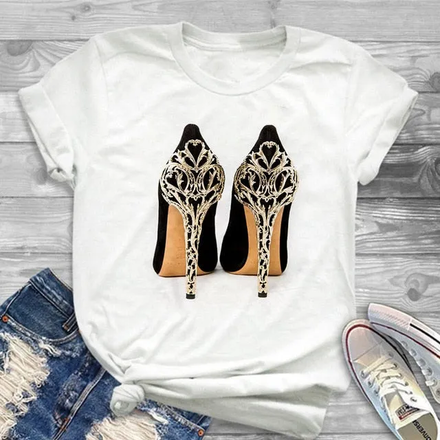 White T-shirt women's shirt fashion high-heeled shoes printed T shirt women's summer short-sleeved casual street clothing Tshirt