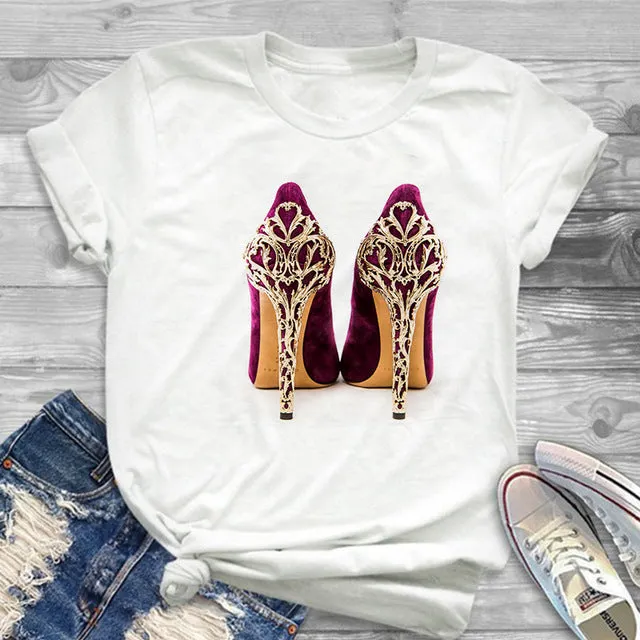 White T-shirt women's shirt fashion high-heeled shoes printed T shirt women's summer short-sleeved casual street clothing Tshirt