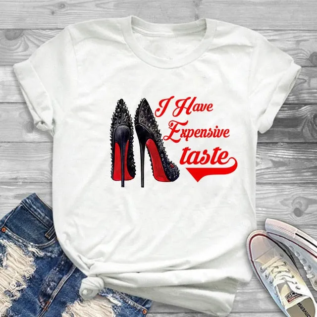 White T-shirt women's shirt fashion high-heeled shoes printed T shirt women's summer short-sleeved casual street clothing Tshirt