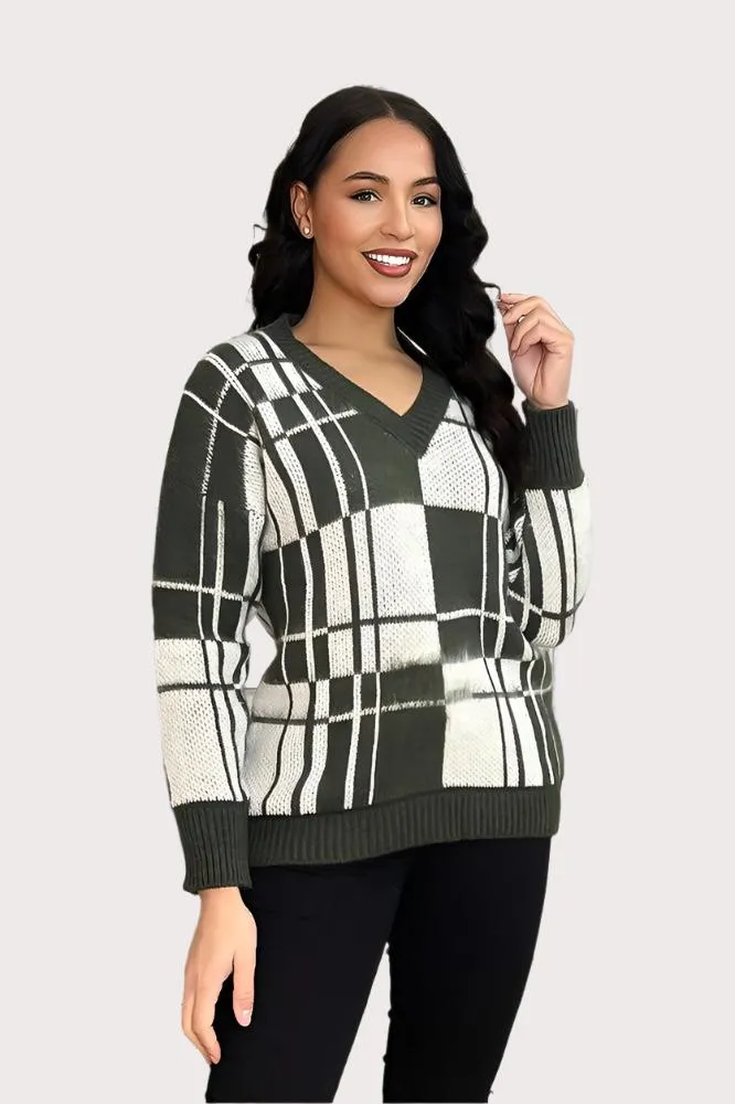 Window Plane Check Knitted V-Neck Pullover