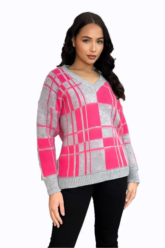 Window Plane Check Knitted V-Neck Pullover