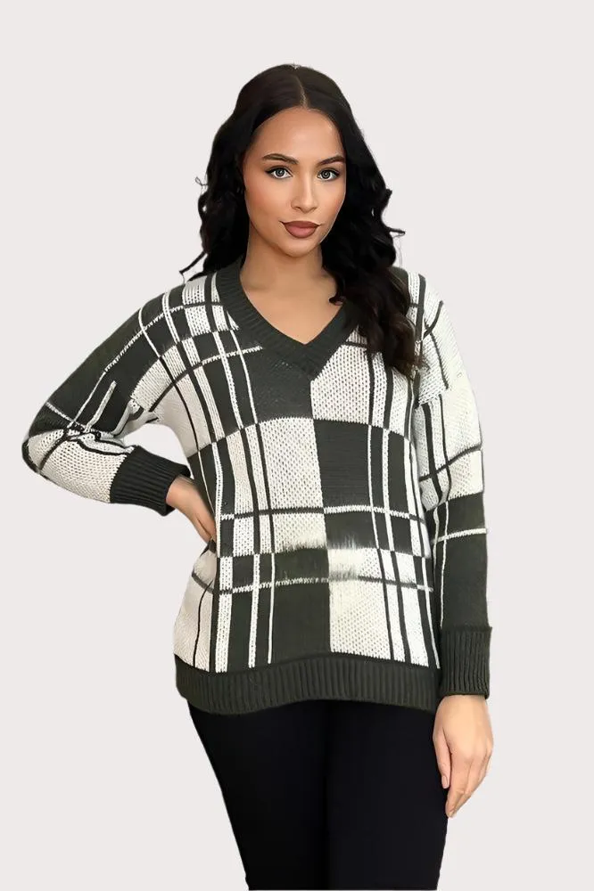 Window Plane Check Knitted V-Neck Pullover