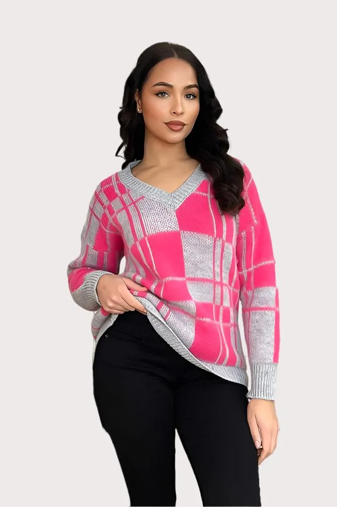 Window Plane Check Knitted V-Neck Pullover