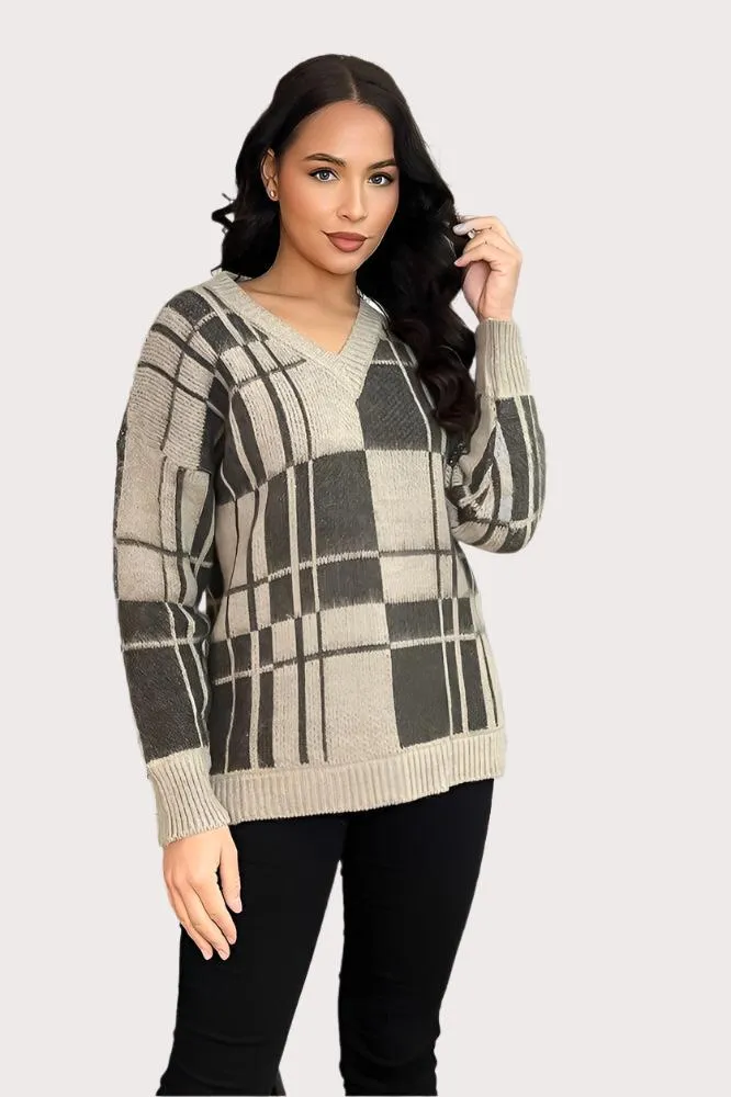 Window Plane Check Knitted V-Neck Pullover